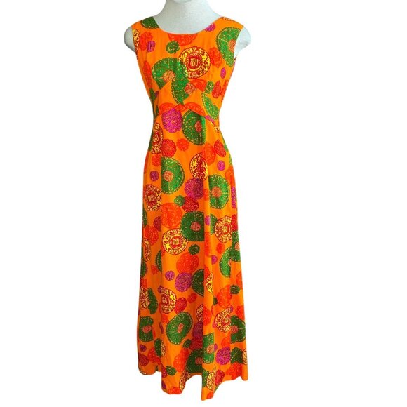 Vintage 70s Hawaii Nei Orange Maxi Hostess Dress Made in Hawaii Size 10 - Picture 3 of 11